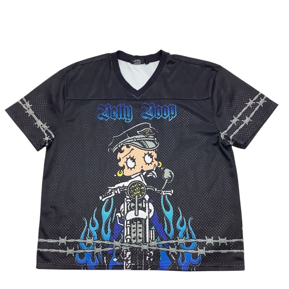 Betty Boop Black Mesh Jersey Shirt Black Blue Flame Motorcycle Biker Men Women L
